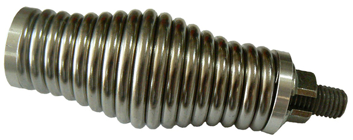 Medium-duty barrel spring, 304 stainless steel, M12 drilled stud, nut and spring washer.